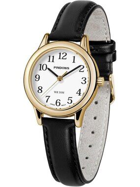 Pindows Womens Black White Elegant Quartz Analog Leather Strap Fashionable Watch